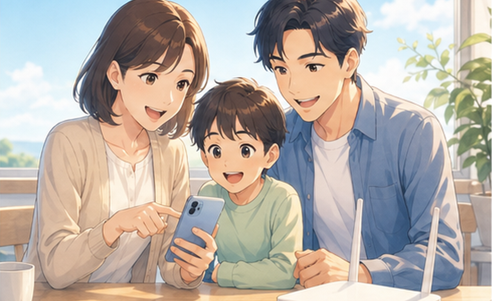 家族がスマホと家のネットを確認しているイラスト